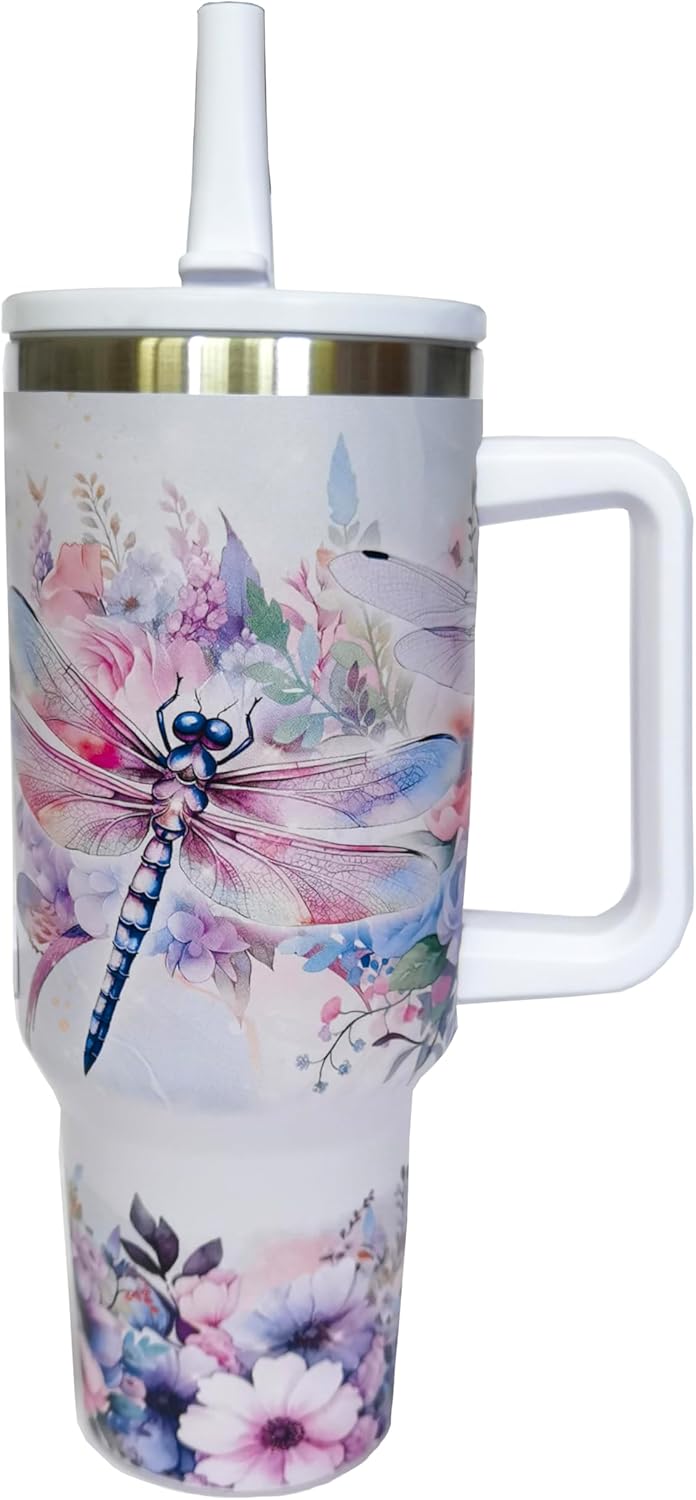 Dragonfly Tumbler With Handle and Straw,Stainless Steel Travel Mugs Cup for Friend Women,Gifts for Dragonfly Lover 40 Oz