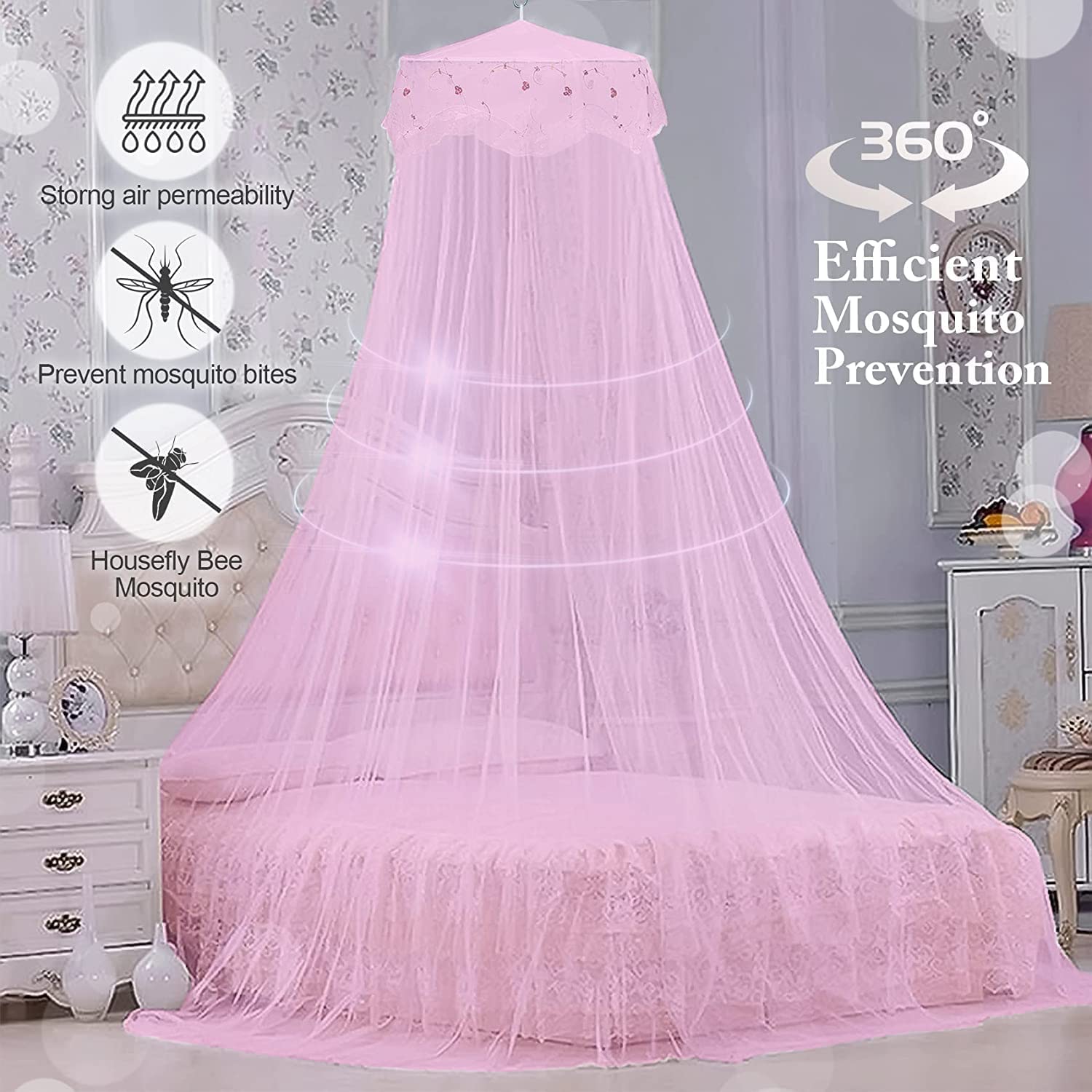 Ciel De Lit Enfant Koomiao - Baldaquin Tente Princesse - Moustiquaire Rose - Housse 250cm - Décoration Chambre