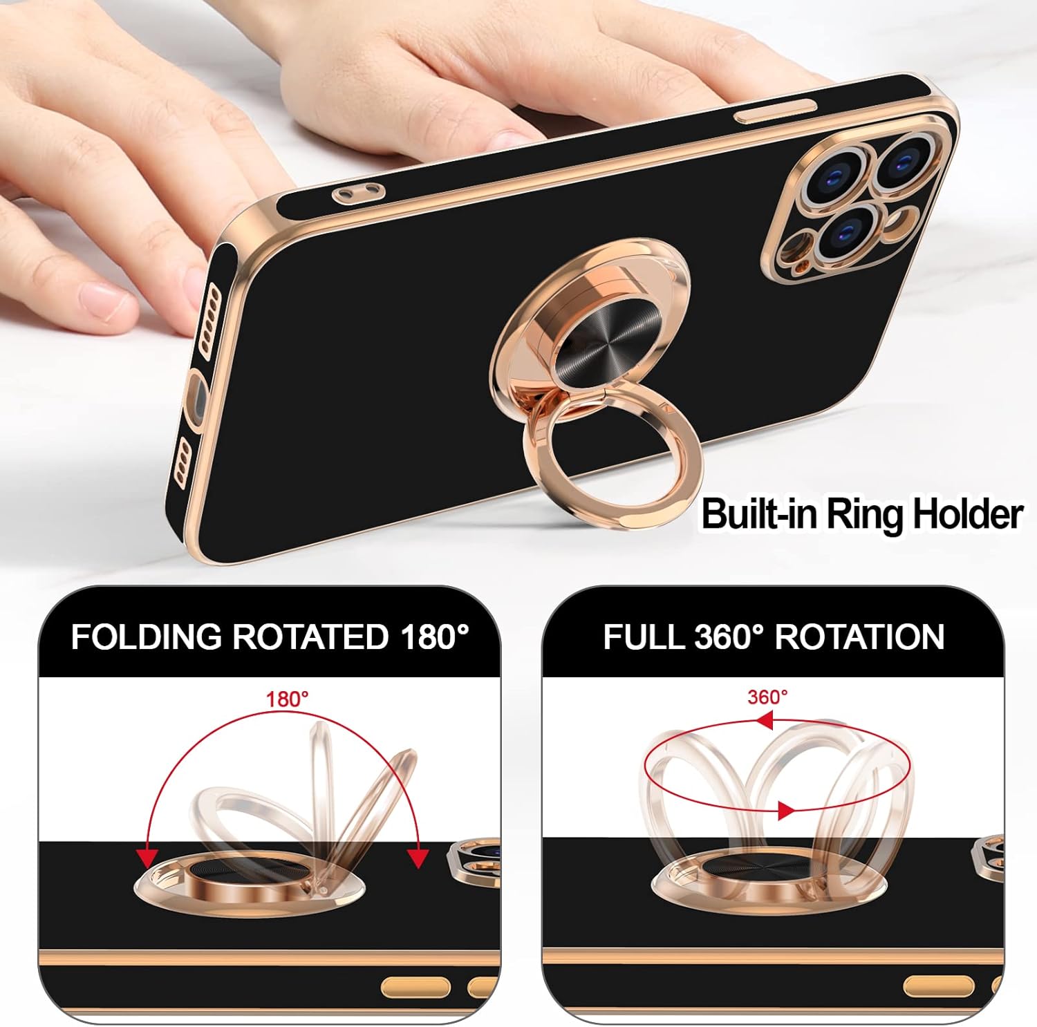 Hython for iPhone 13 Pro Max Case with Ring Stand [360°Rotatable Ring Holder Magnetic Kickstand] [Plated Rose Gold Edge] Slim Soft TPU Cover Luxury Protective Phone Case for Women Men, Black - Image 4