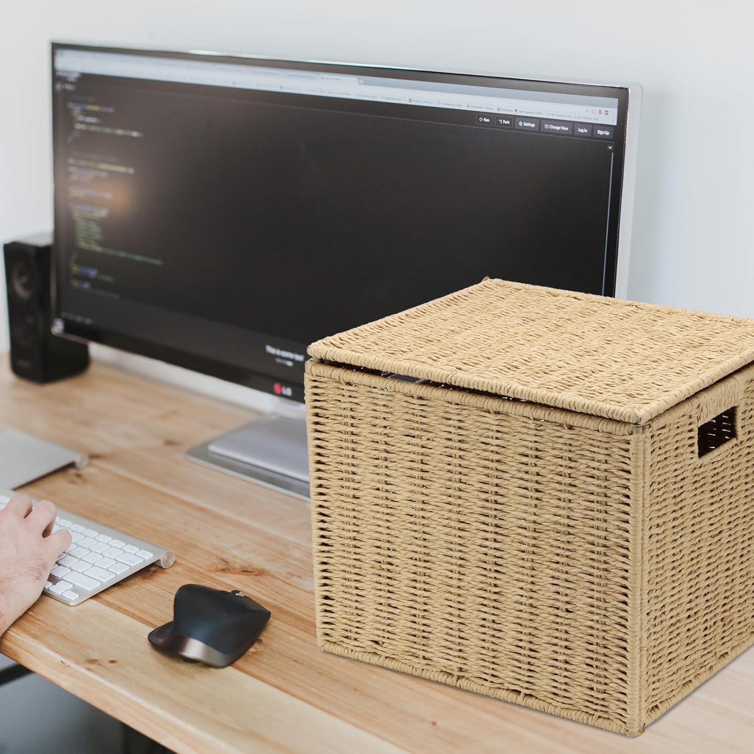 Large Seagrass File Storage Box Organizers, 14.4 x 11.8 x 11.4 Inch Paper Rope Storage Box, Seagrass Wicker File Box Organizer Hanging Filing Basket with Lid Decorative File Baskets