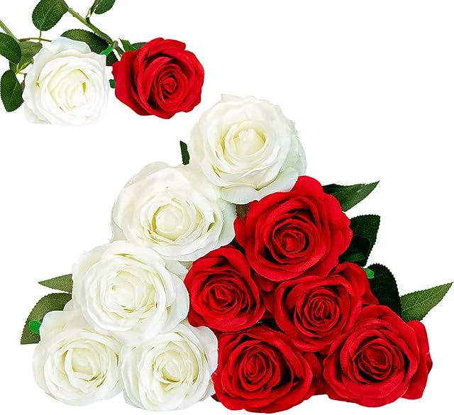 Floralsecret 12 Pcs Artificial Silk Roses Flower Bouquet Faux Flowers Home Wedding Party Decor(White,Red)
