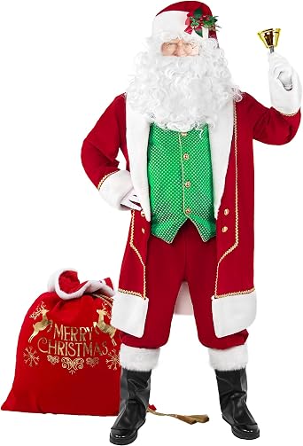 Christmas Santa Claus Costume Adult Men 11pcs Deluxe Santa Suit for Adults Green Vest Xmas Holiday Cosplay