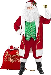 Christmas Santa Claus Costume Adult Men 11pcs Deluxe Santa Suit for Adults Green Vest Xmas Holiday Cosplay