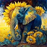 Stalente Diamond Painting Kits for Adults, Elephant Round Full Drill Diamond Art Kits, 5D DIY Paint with Diamonds Crafts for Home Wall Decoration Gifts 12×12Inch, Sunflower