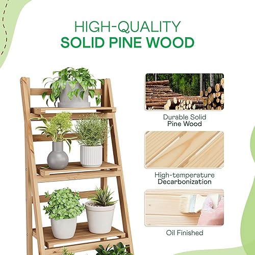 Miniatura 3 de IDZO 4 Tier Wooden Ladder Shelf 44 in Bookcase Ladder Shelf Storage Shelves Rack Shelf Unit for Office and Home 44 x 16.5 inches Natural Marrón