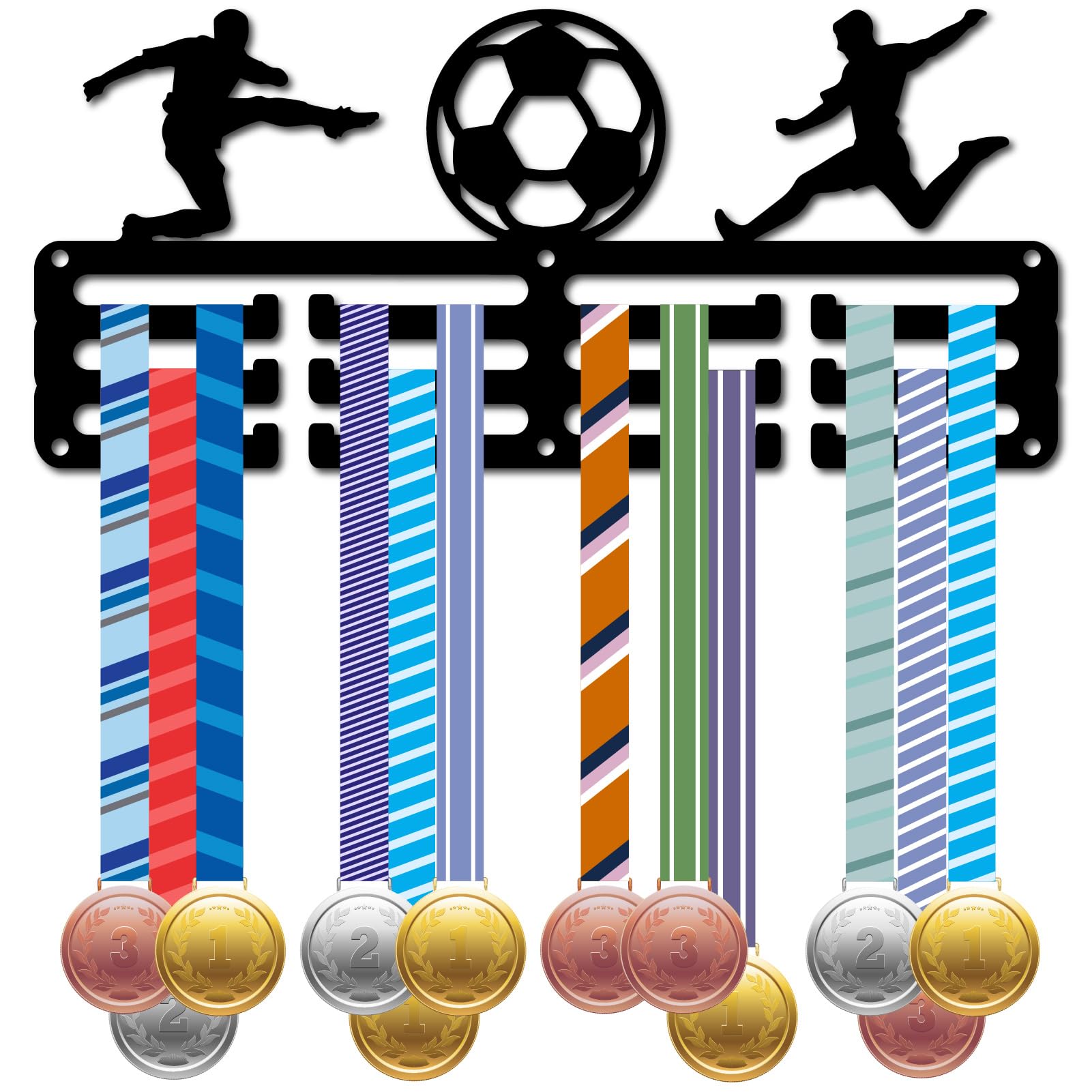 CREATCABIN Porta Medaglie da Calcio Appendiabiti per Medaglie Sportive Display Gara Competizione Vittoria Premi Organizzatore di Nastri Piccolo Telaio in Metallo Nero Appendere 40+ medaglie 29x13cm