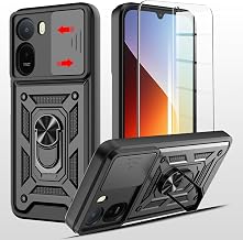 Coque pour Xiaomi Redmi A7 Pro, avec 1 Pièces Verre Trempé, Lentille Coulissante, Support 360° Rotatif Militaire PC Dur Renforcée Armor Antichoc Bumper Housse Etui, Noir