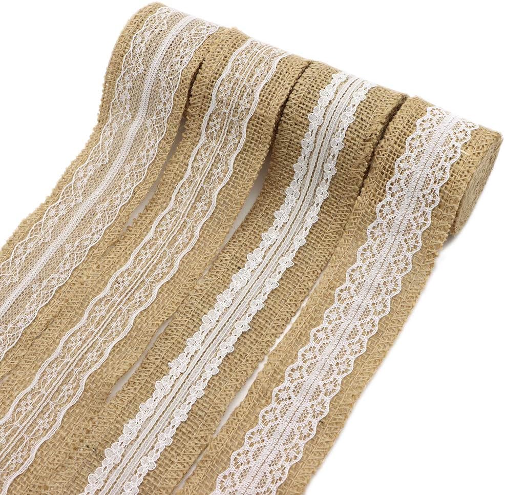 DAVID ACCESSORIES Burlap Ribbon Natural Fabric Ribbons Rolls White Lace Trimming Tape 12 Rolls for Arts Crafts DIY Wedding Home Decoration Gift Wra