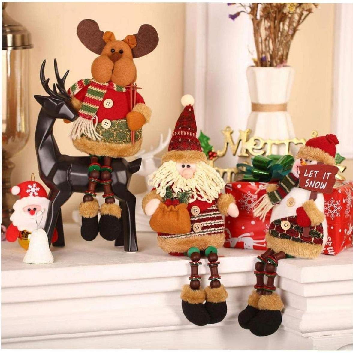 KAHEIGN 3 Piezas Figuras De Peluche De Navidad, Navidad Sentado Papá Noel Monigote De Nieve Reno Decoración Navideña Figura De Piernas Largas para Decoración De Chimenea De Mesa