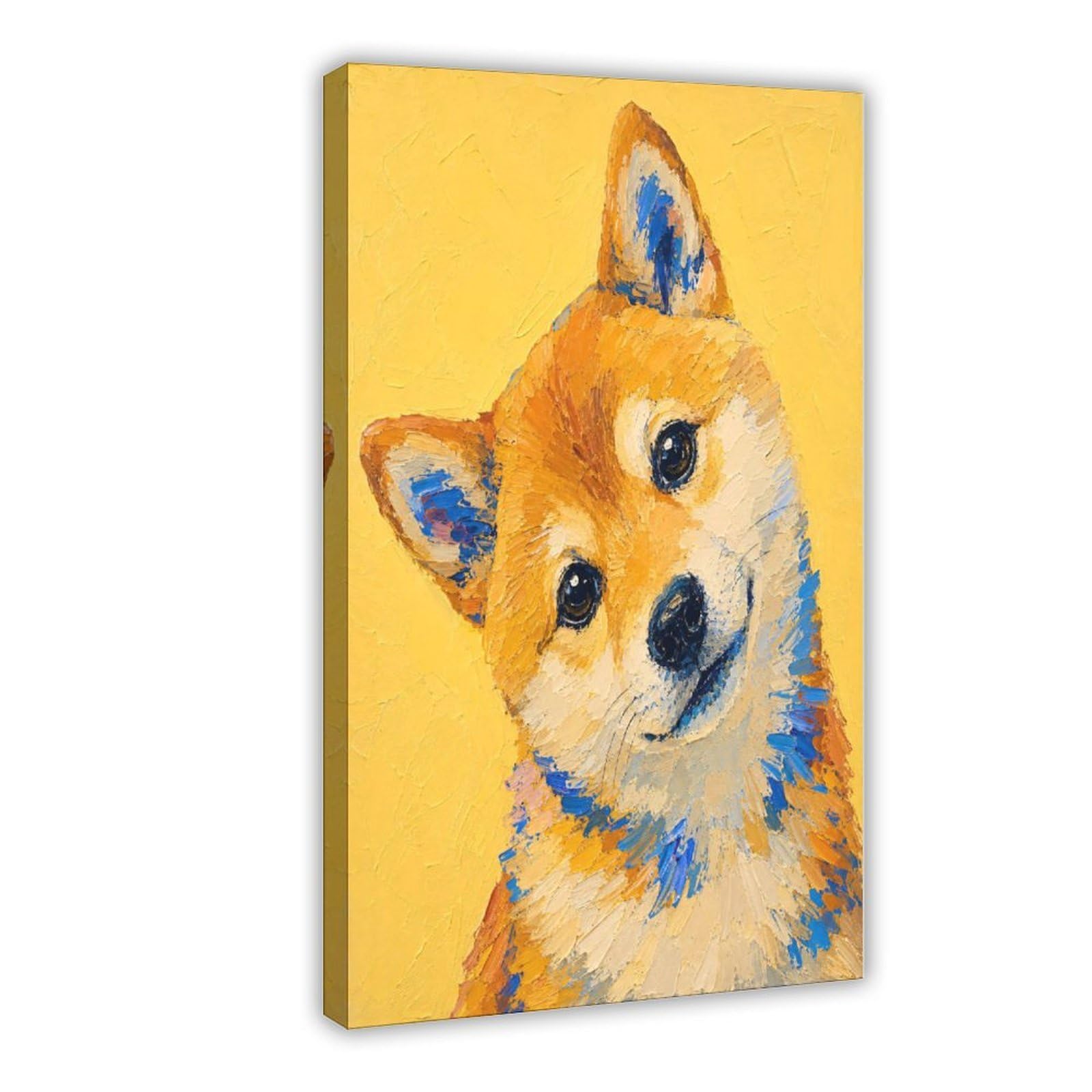H3b8u2y5 Frame-Style-13 Shiba Dog Portrait Canvas Wall Art, Yellow Background