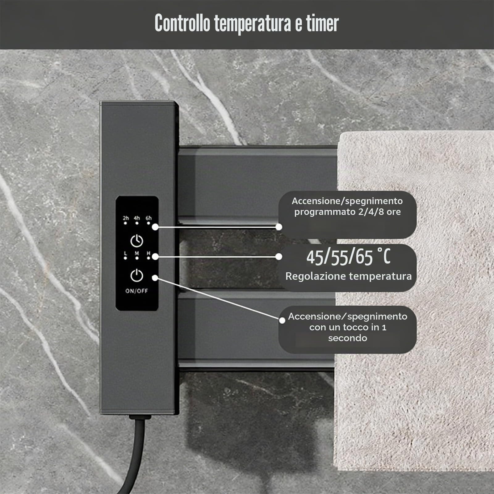 Scaldasalviette Elettrico Bagno 450×180mm Portasciugamani Elettrico Basso Consumo Scaldasalviette Termoarredo Piatto da Parete 50W con 2 Barre Riscaldanti Asciugatrice per Asciugamani