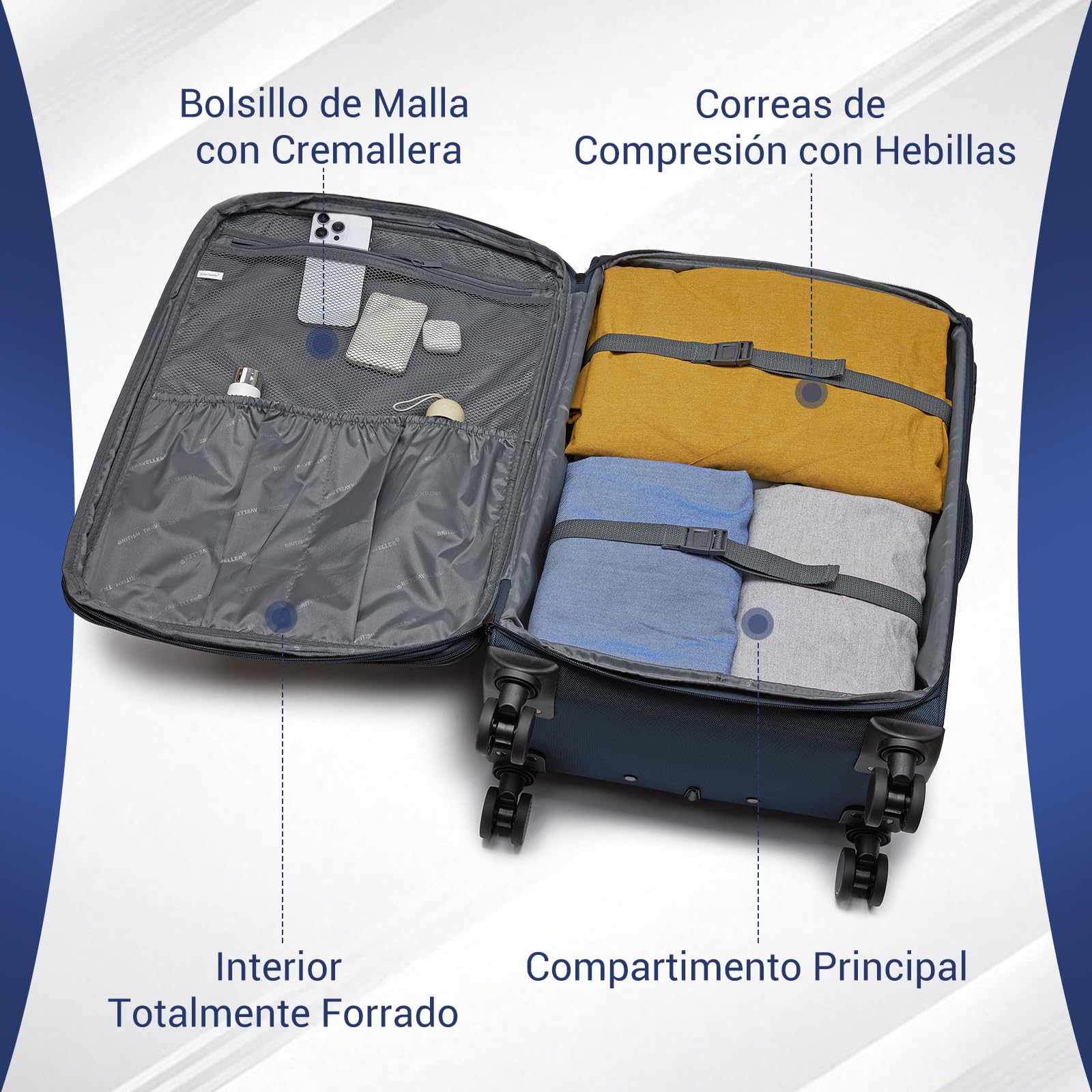 British Traveller Maleta Cabina 57,5cm Trolley Rígido con 4 Ruedas Giratorias y Cerrado TSA, Azul
