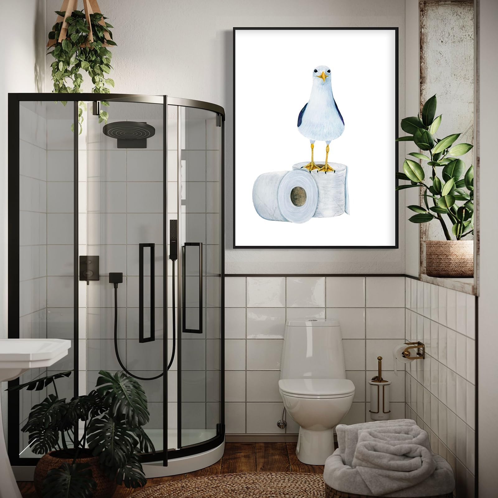 UUENPIH Lustiges Badezimmer-Poster „Möwe & Toilettenpapier“ – 40,6x61 Cm, Leinwanddruck