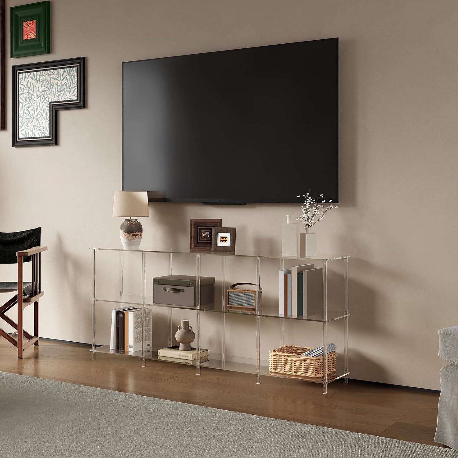 Acrylic Long Bookshelf, Low Horizontal Bookcase with 8 Cube Storage, 3-Tier, Modern Clear Open Book Shelf for Living Room, Office,Bedroom, 11.8''D x 62.2''W x 26.6''H