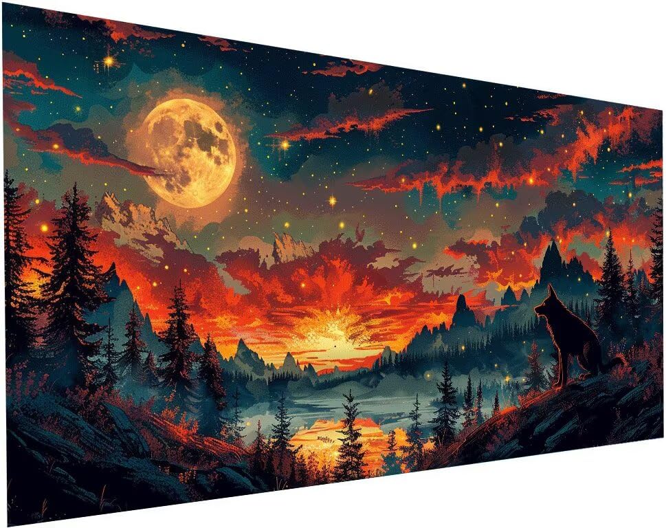 Broderie diamant loup 55x110 cm premium pour une décoration murale éclatante