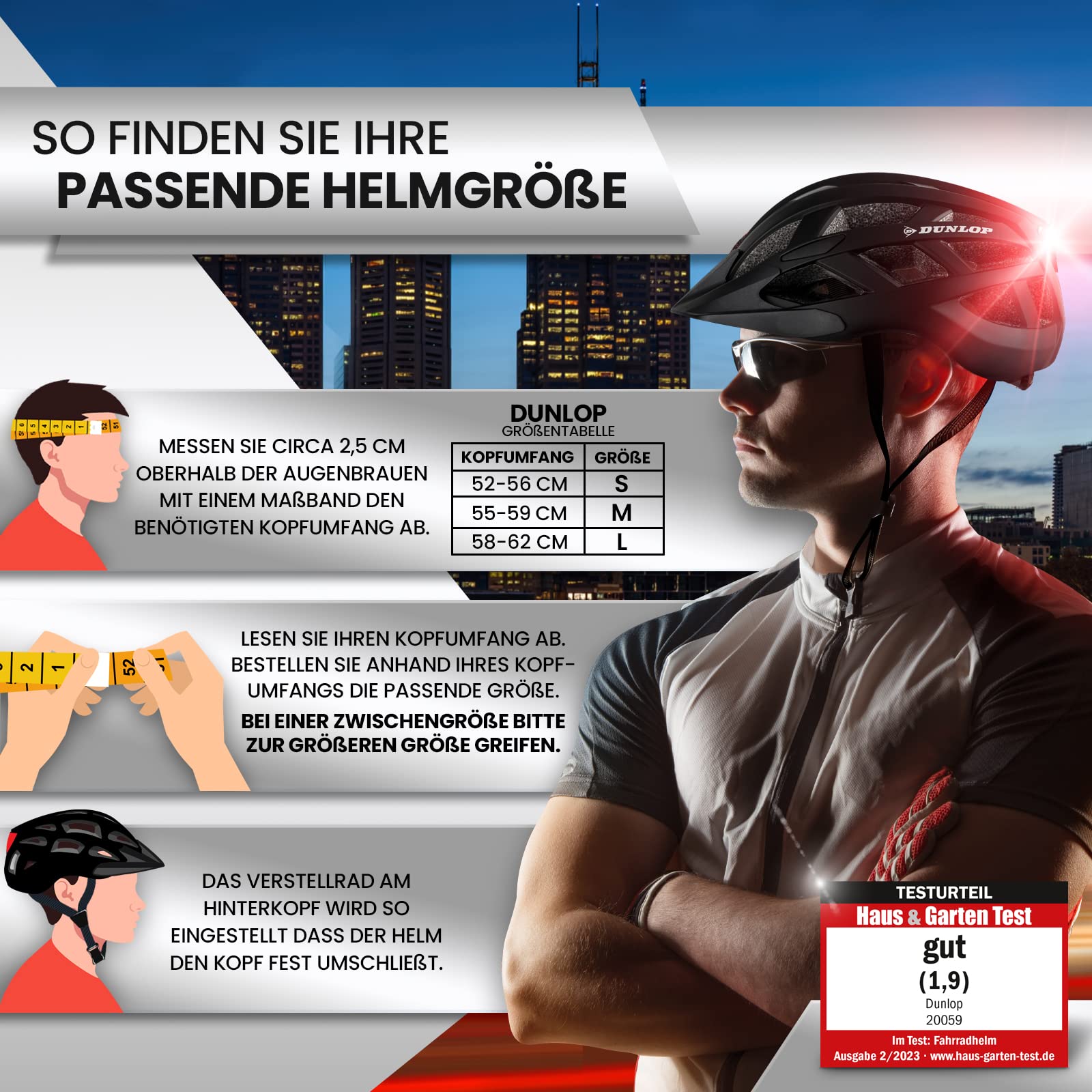 Dunlop Sports Fahrradhelm mit Licht - Sofort gesehen Werden - Ultraleichter Spezial Damen Herren Kinder Fahrrad Helm Visier und Rücklicht für hohe Sicherheit - Urban