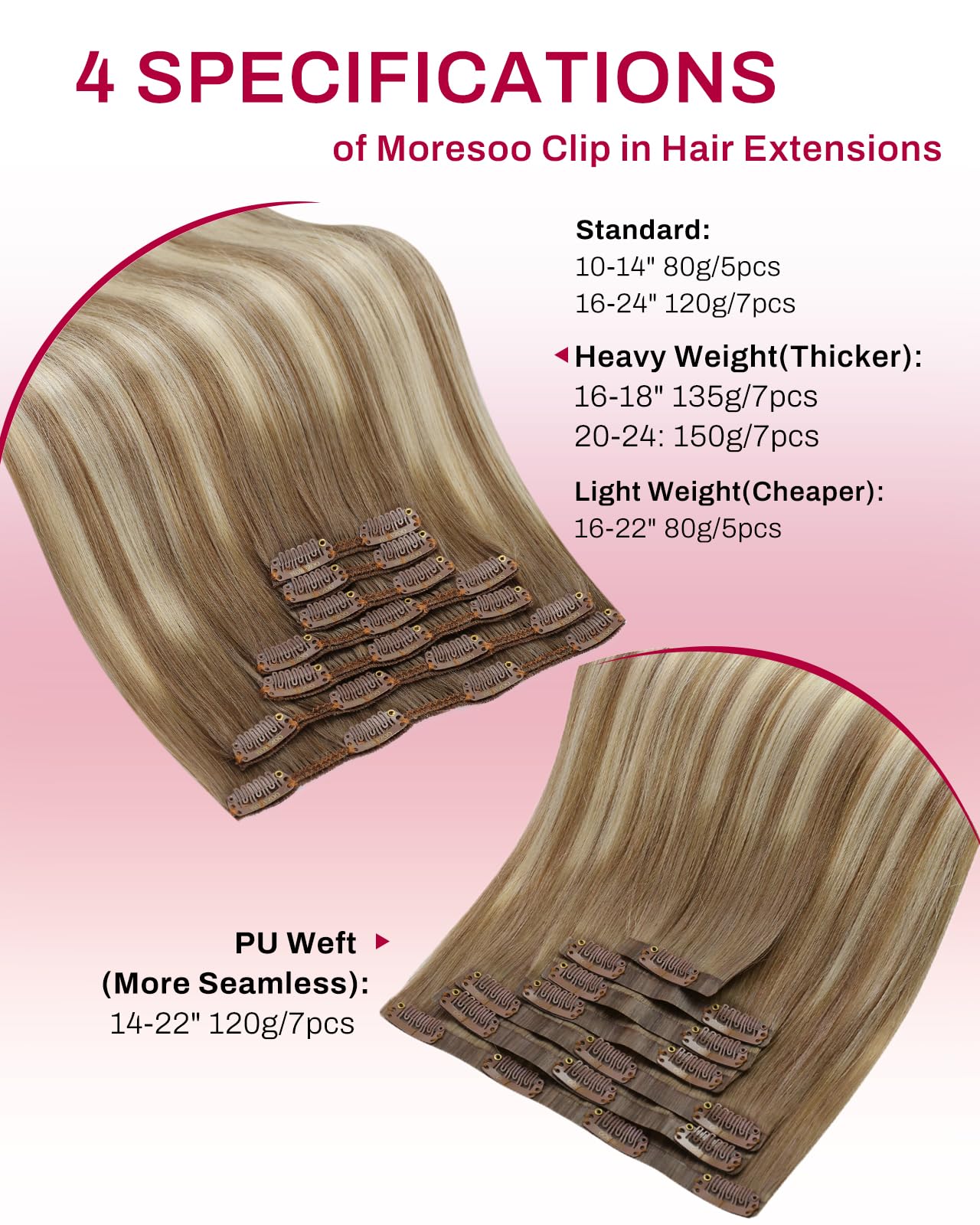 Moresoo Clip in Hair Extensions Real Human Hair Balayage Medium Brown and Blonde Real Hair Extensions Clip in Human Hair for Women Full Head 22 Inch 7pcs/120g #4/6/613 — view 118