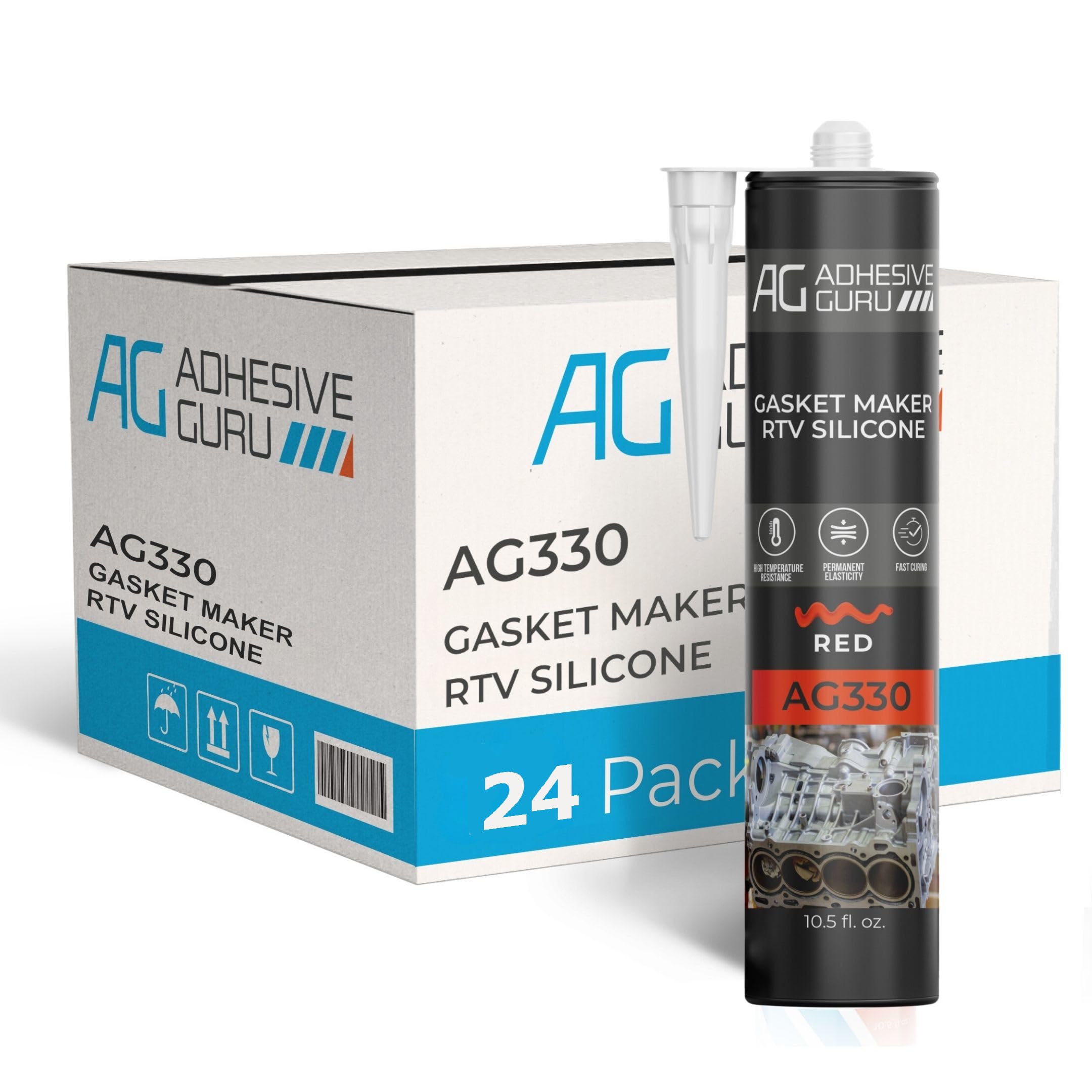 Adhesive Guru AG330 High Performance RTV High-Temp Silicone Gasket Maker and Sealant (24x10.5 fl oz), Heat Resistant from 104ºF to 572ºF, Red – 24 Pack