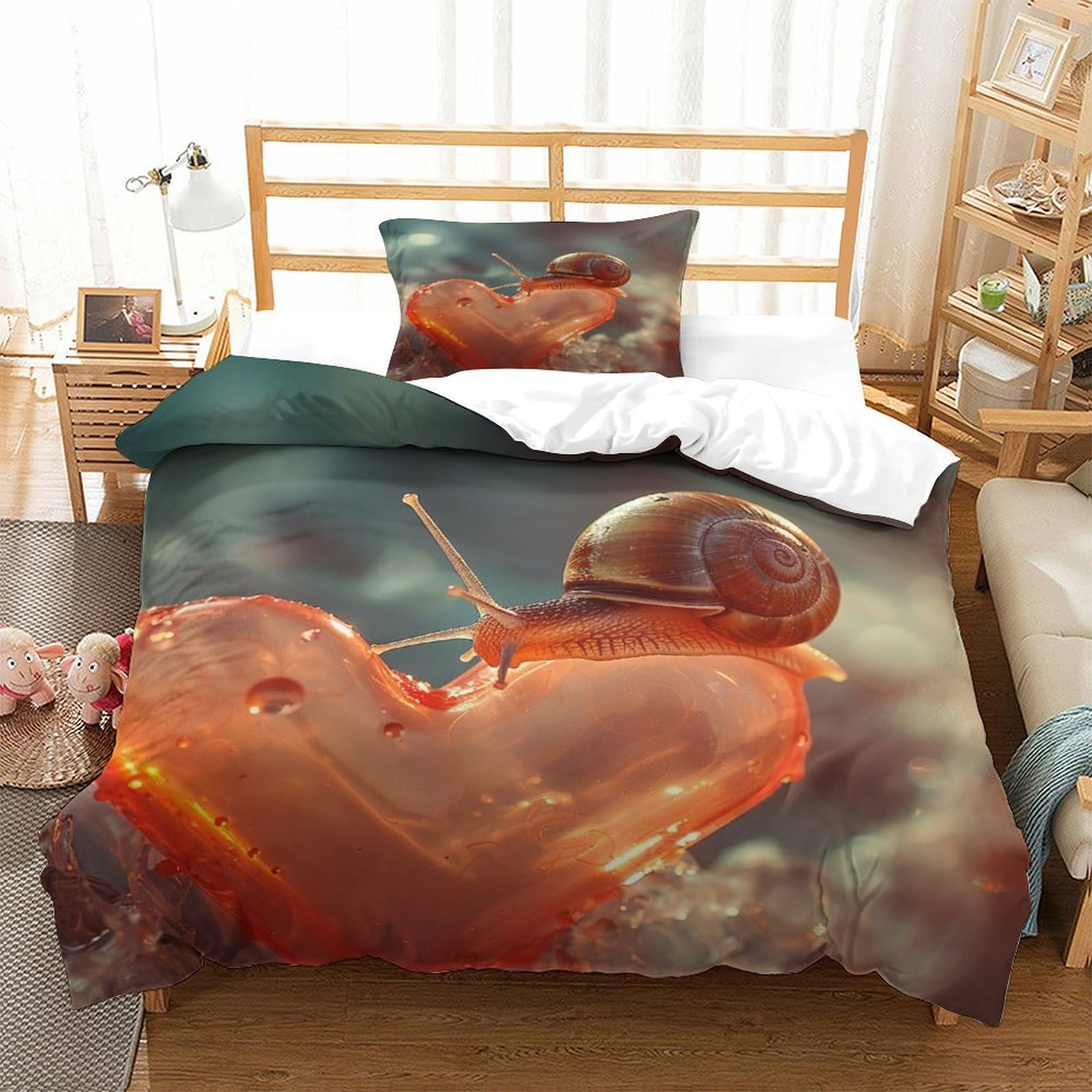 P1S9U7W5Y 3D Printed Snail Heart Duvet Cover Set 3pcs Microfiber Romantic Heart Bedding Set Single（135x200cm）