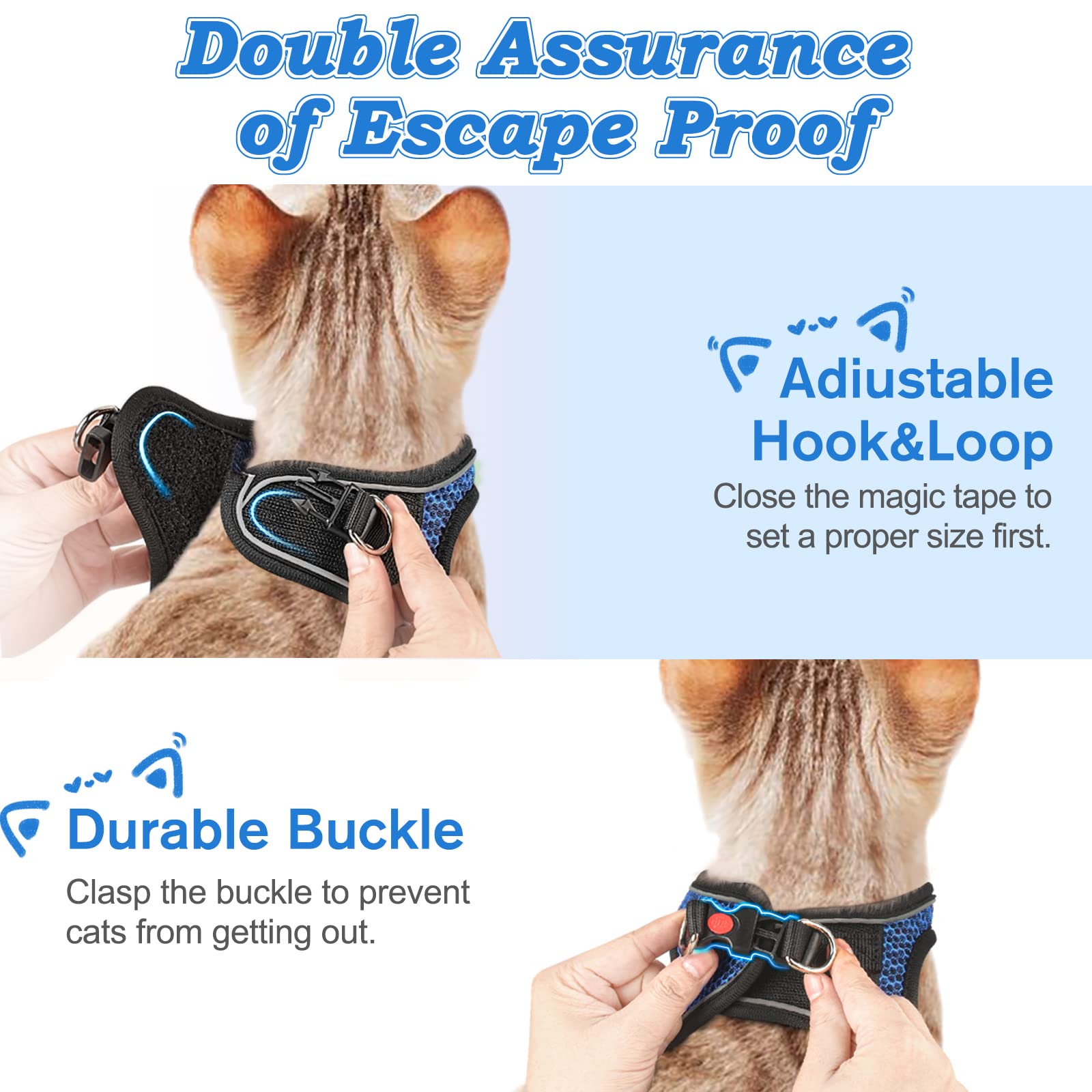 Arnés y Correa para Gatos para Caminar a Prueba de Escapes, arnés Ajustable para Gatitos, arnés Reflectante de Malla Suave para Cachorros, para Exteriores, Ajuste cómodo, fácil de controlar, Azul