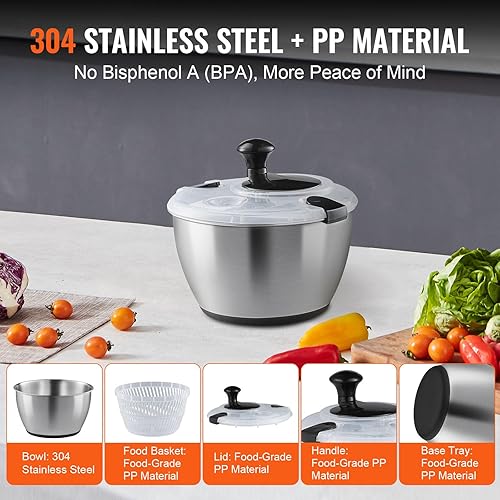 Miniatura 4 de VEVOR Hilador de ensalada de acero inoxidable, 4.75 cuartos de galón, lavadora grande de secadora de verduras con una sola mano, limpiador y