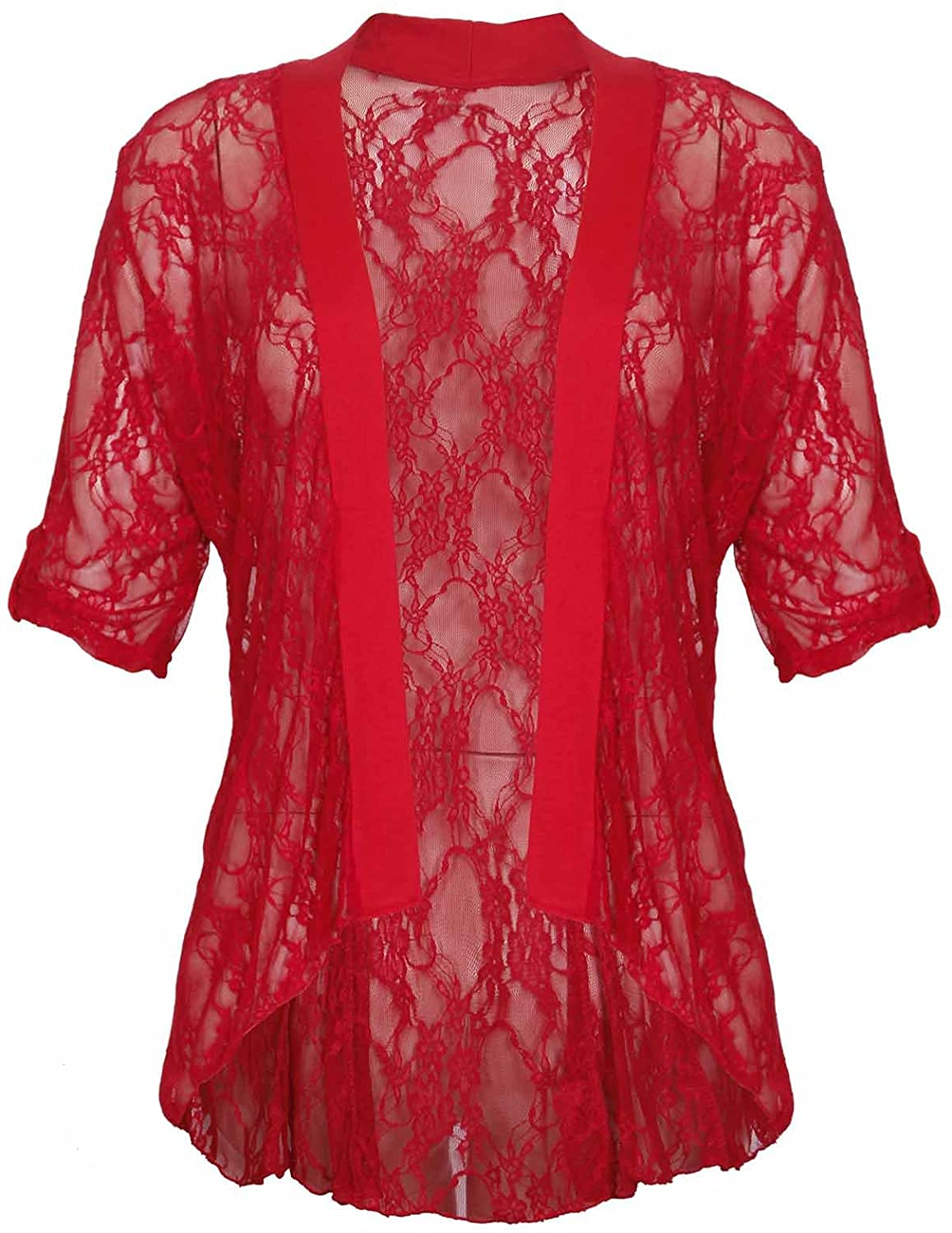 STAR FASHION New Ladies Sheer Shrug Top Cuff Sleeve Open Front Waterfall Design Floral Lace Two Button Kimono Cardigan Top for Woman (Red)