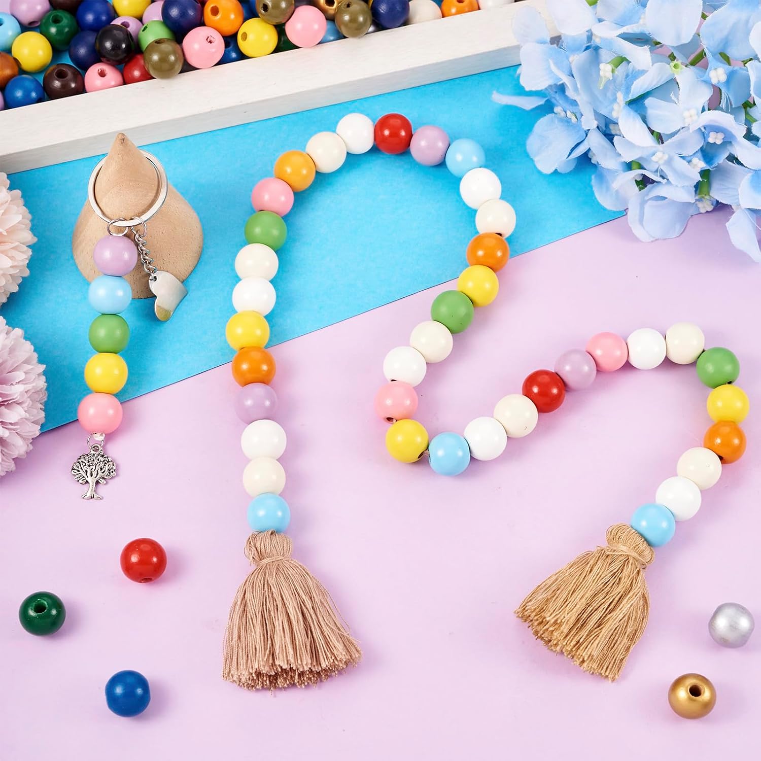 230Pcs 16mm Colorful Large Hole Wood Beads Round European Beads Wooden Spacer Beads for DIY Easter Garland Macrame Keychain Jewelry Crafts Making