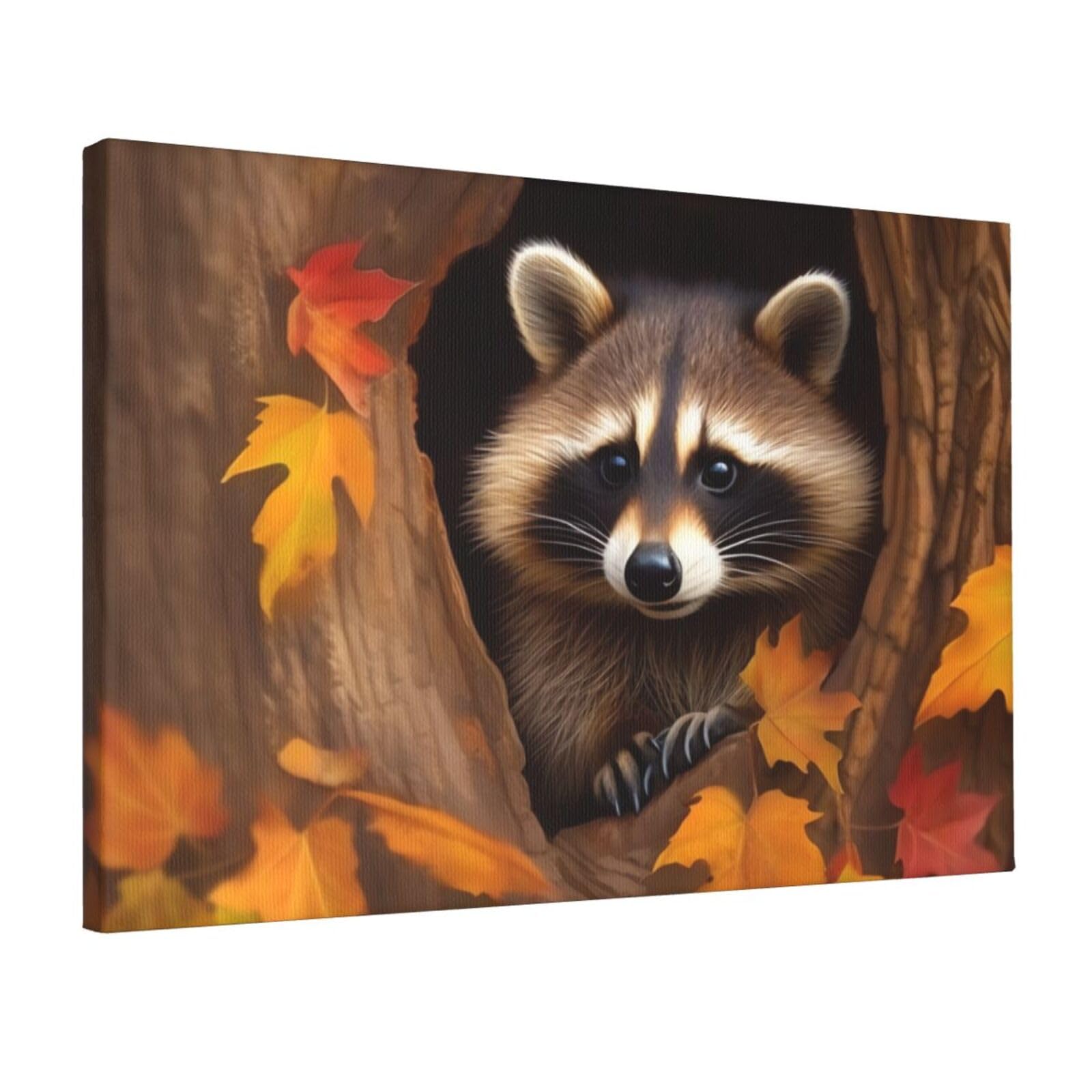 KLOPH Raccoon in The Fall Tree Hole Canvas Wall Art for Living Room 12"x18" Modern Artwork Painting for Bathroom Hanging Canvas Prints Aesthetic Wallart for Bedroom Kitchen Office Wall Decor