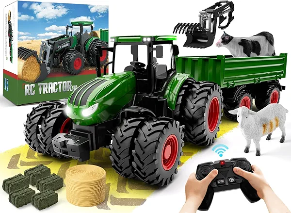 Uarzt Remote Control Tractor Toy, Kids RC Tractor Set & Truck and Trailer Front Loader - Metal Car Head/8 Wheel/Light, Toddlers Farm Vehicle Toys for 3 4 5 6 7 8 9 Year Old Boys Girls Birthday Gift