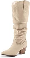 mysoft Women's Cowboy Knee-High Slouchy Boots - Pointed Toe, 2.75" Chunky Heel, Side Zipper, Wide Calf Options