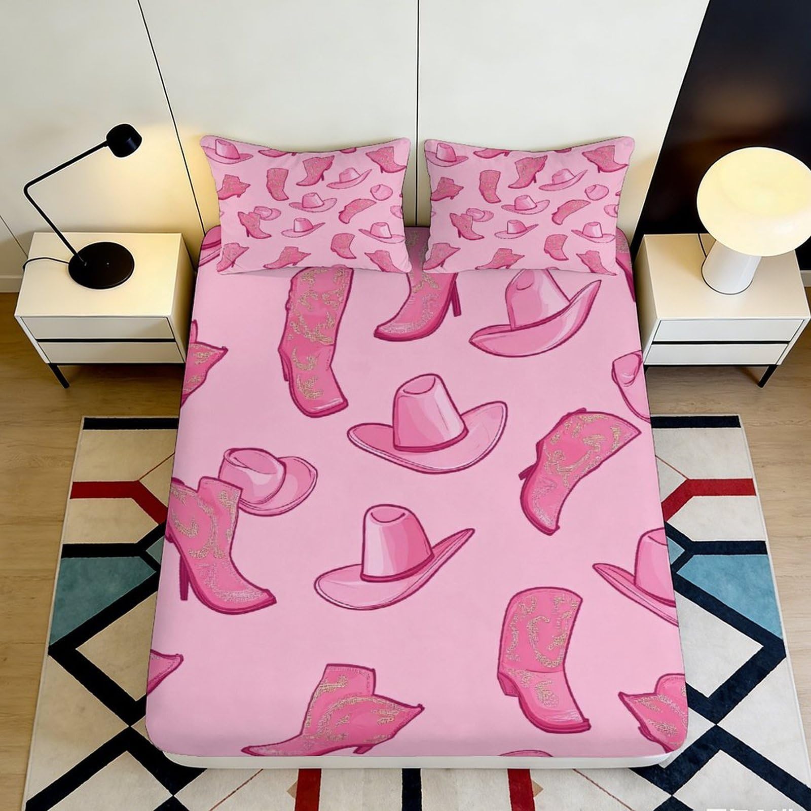 3D Printed Pink Cowboy Hat Fitted Sheet Microfiber Soft Breathable Western Boots Bed Cover for Bedroom Dormitory Guest Room Mattress Protection 160x200x25cm