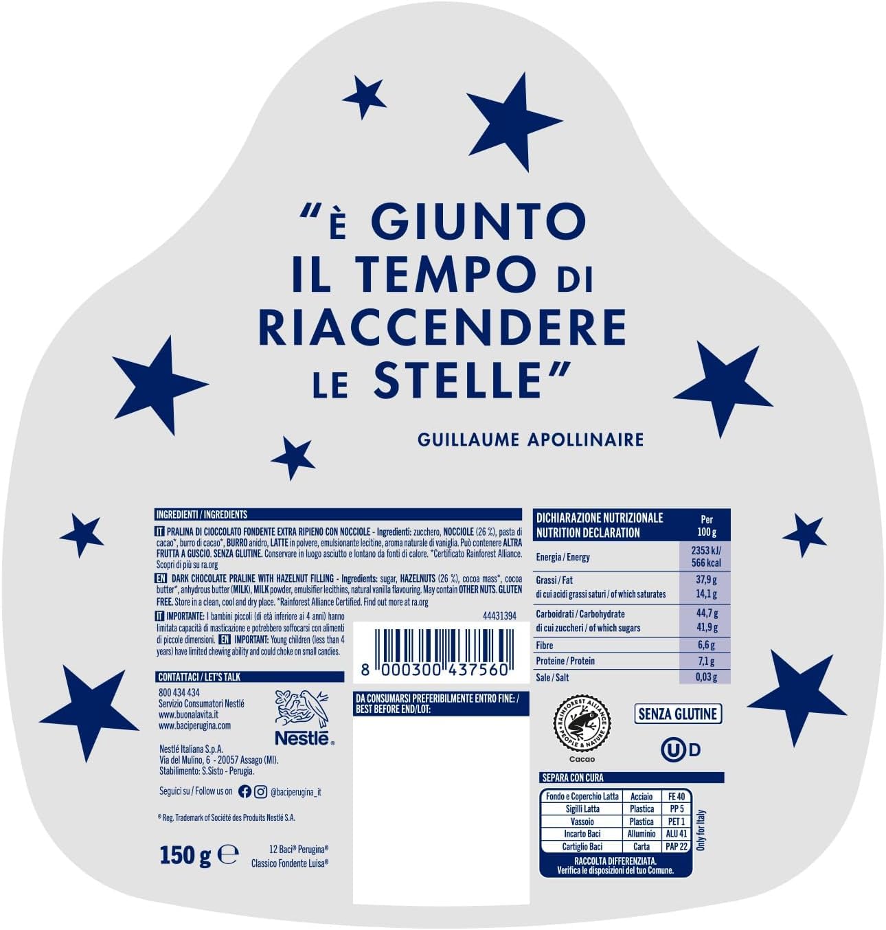 Italian Gourmet Baci Pralinen mit Haselnussfüllung, Zartbitterschokolade mit Gianduia-Füllung, Geschenkdose, 3x150g, 12 Stück+ Italian Gourmet Polpa