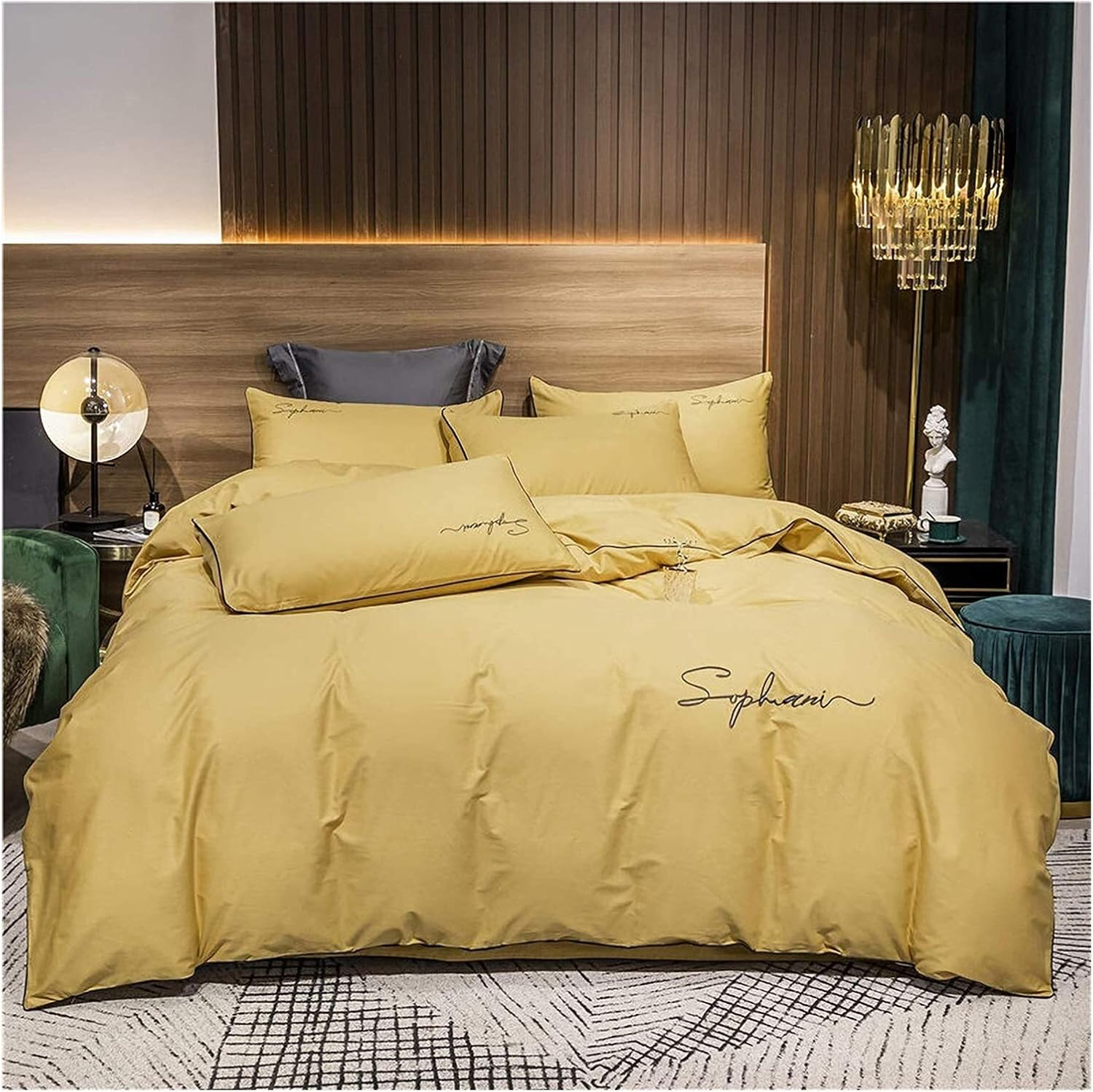 Cotton Embroidered Four-Piece Simple Letter Embroidered Bed Linen Quilt Cover Pillowcase (Color : F Size : King) (J King)
