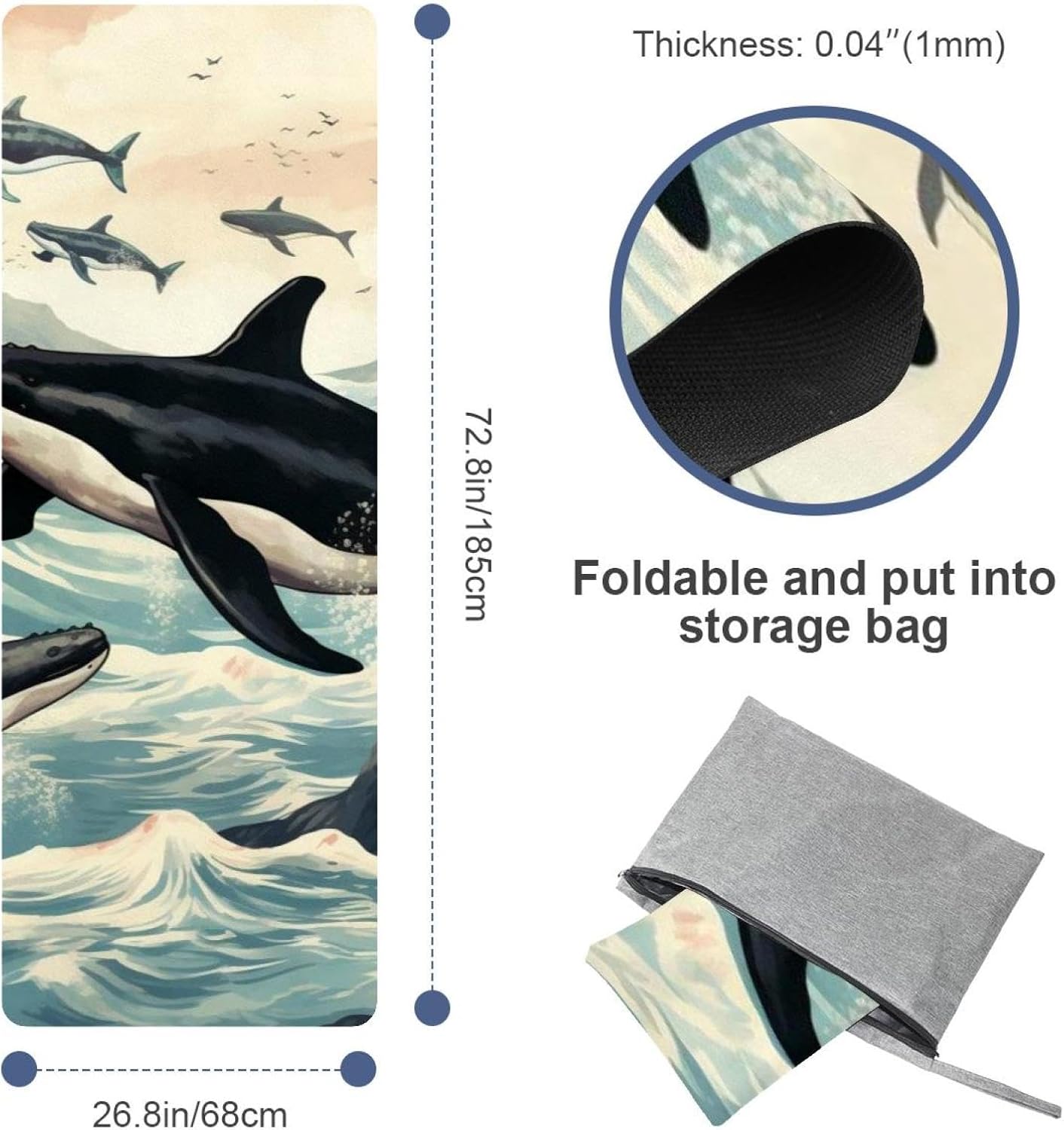 Yoga Towel, Whale Sea Pattern Non Slip Sweat Absorbent Hot Yoga Mat Towel for Hot Yoga, Pilates and Fitness - 72.8" x 26.8"
