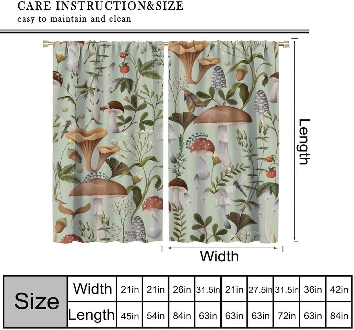 Mushroom Leaf Window Curtains, Nature Green Plant Retro Cartoon Pattern Printed Window Treatments for Kitchen Bedroom Living Room 2 Panels, 42x45 Inch