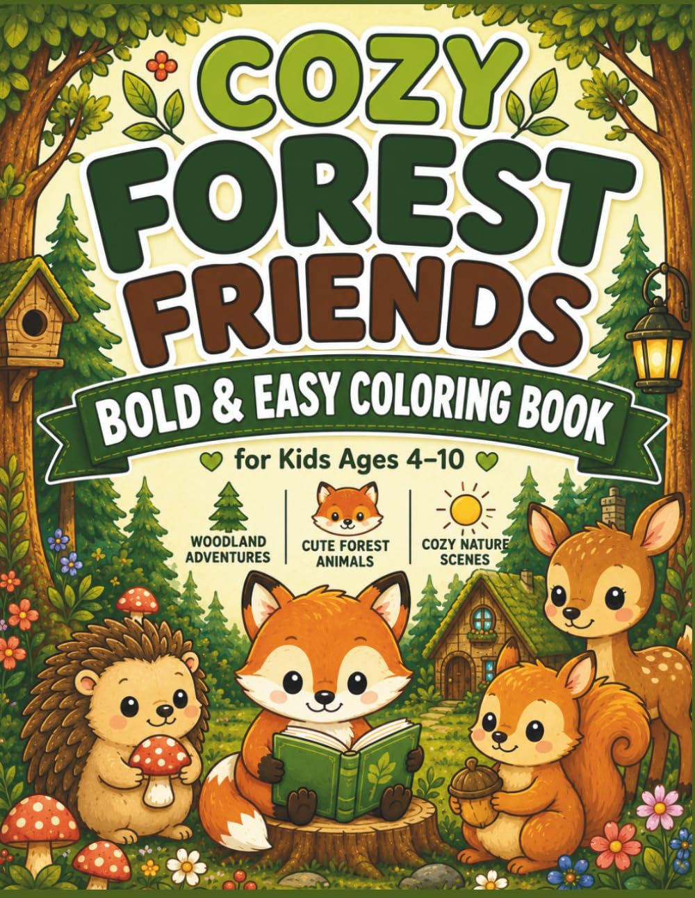 Cozy Forest Friends: Bold & Easy Coloring Book for Kids Ages 4-10