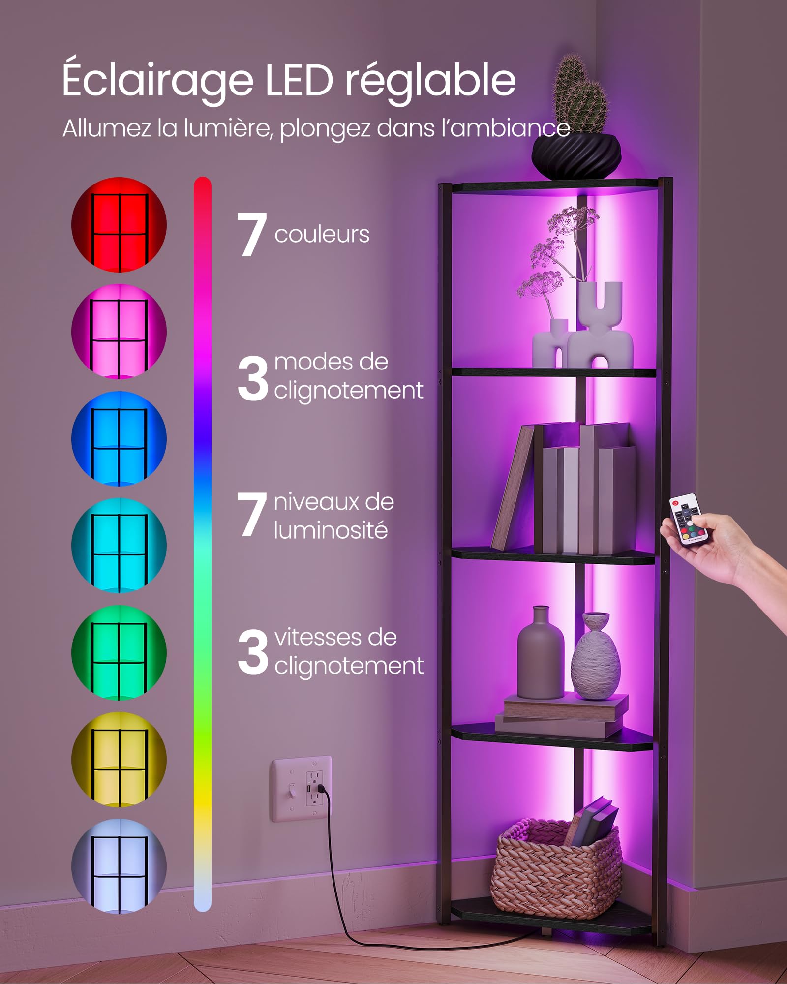 VASAGLE Étagère d'angle à 5 Niveaux, Bibliothèque avec Éclairage LED Réglable, Meuble de Rangement avec Cadre en Acier, 24,8 x 48 x 146,6 cm, pour Salon, Chambre, Bureau, Noir Boisé LBC590B02