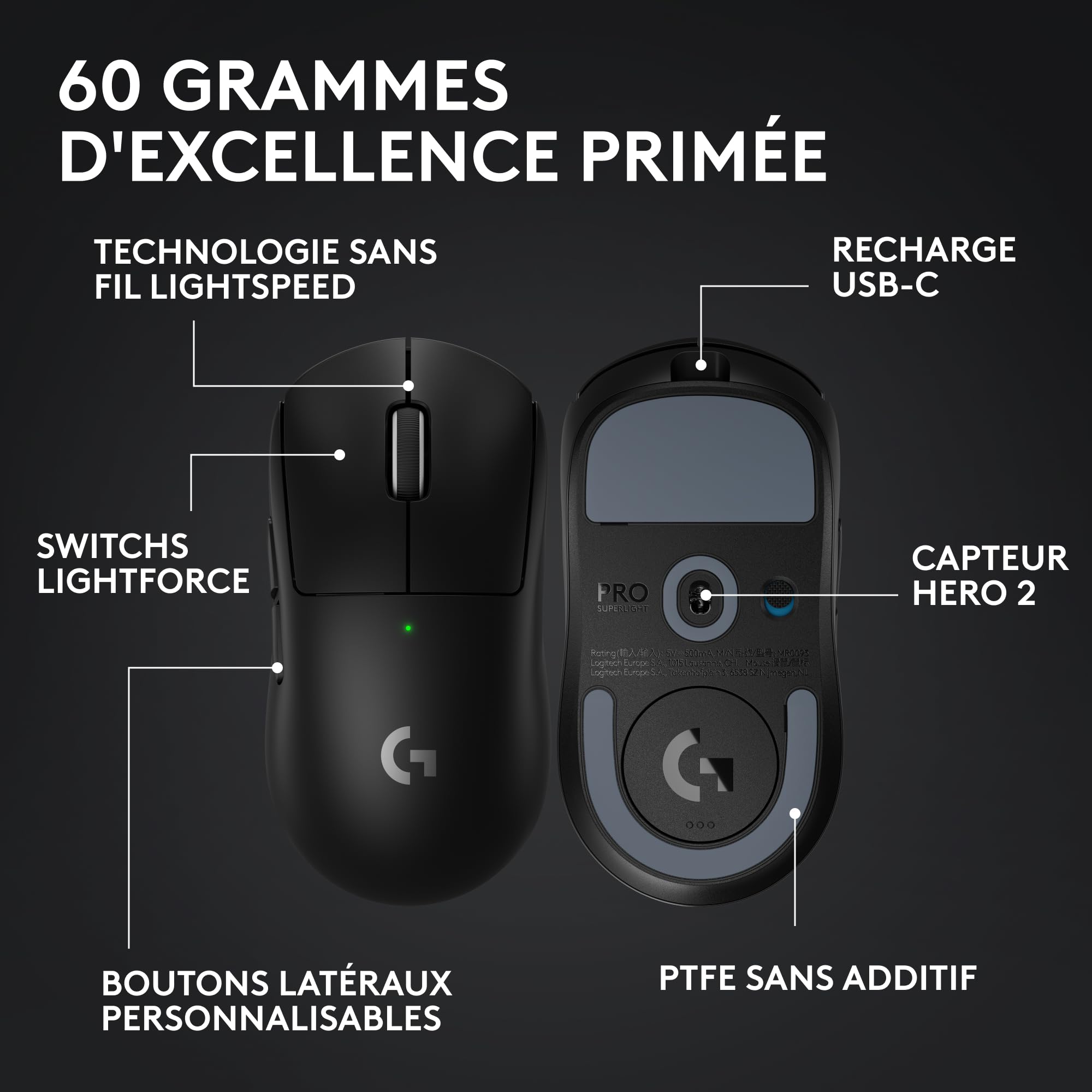 Logitech G PRO X SUPERLIGHT 2, souris gaming sans fil, souris Pro-Grade 60 g avec 5 boutons programmables, capteur 44 000 DPI, taux de rapport 8 kHz, recharge USB-C pour PC/Mac- Noir