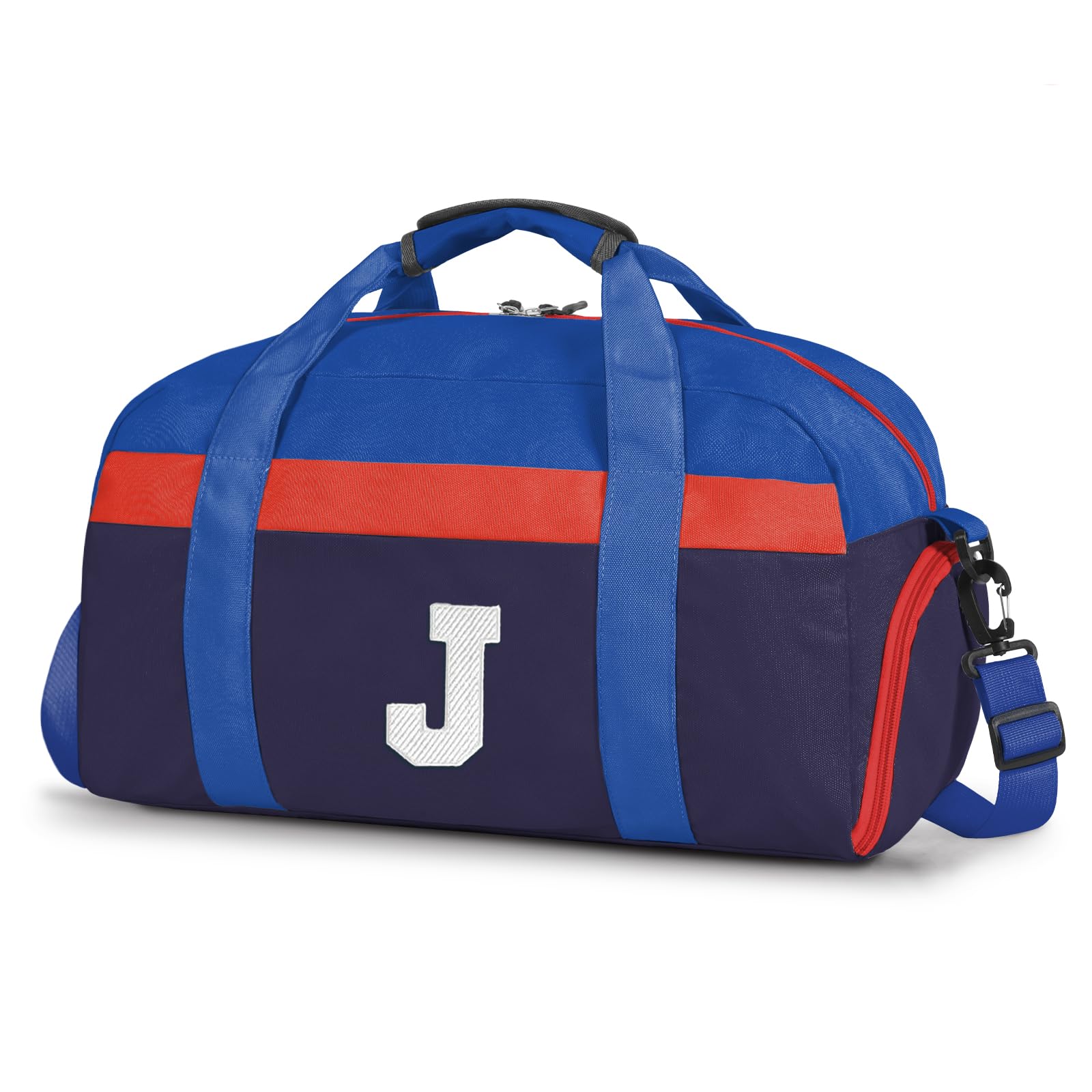Initial Kids Duffle Bag for Boys or Girls, Kids Overnight Bag with Shoe Compartment, Personalized Weekender bags, Birthday Gifts for Women Boys Girls(Red Blue-LetterJ)
