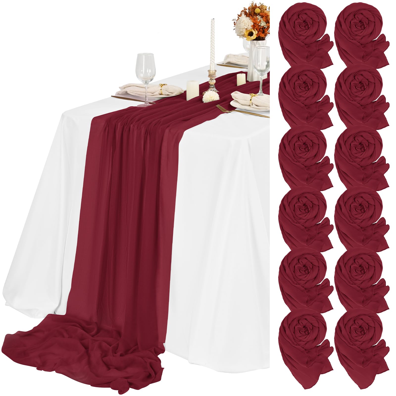 Teruntrue 12 Pack Burgundy Cheesecloth Table Runner 55x300 cm New Natural Soft Look Boho Gauze Cheese Cloth Table Runner for Wedding Party Baby Bridal Shower Birthday Decorations