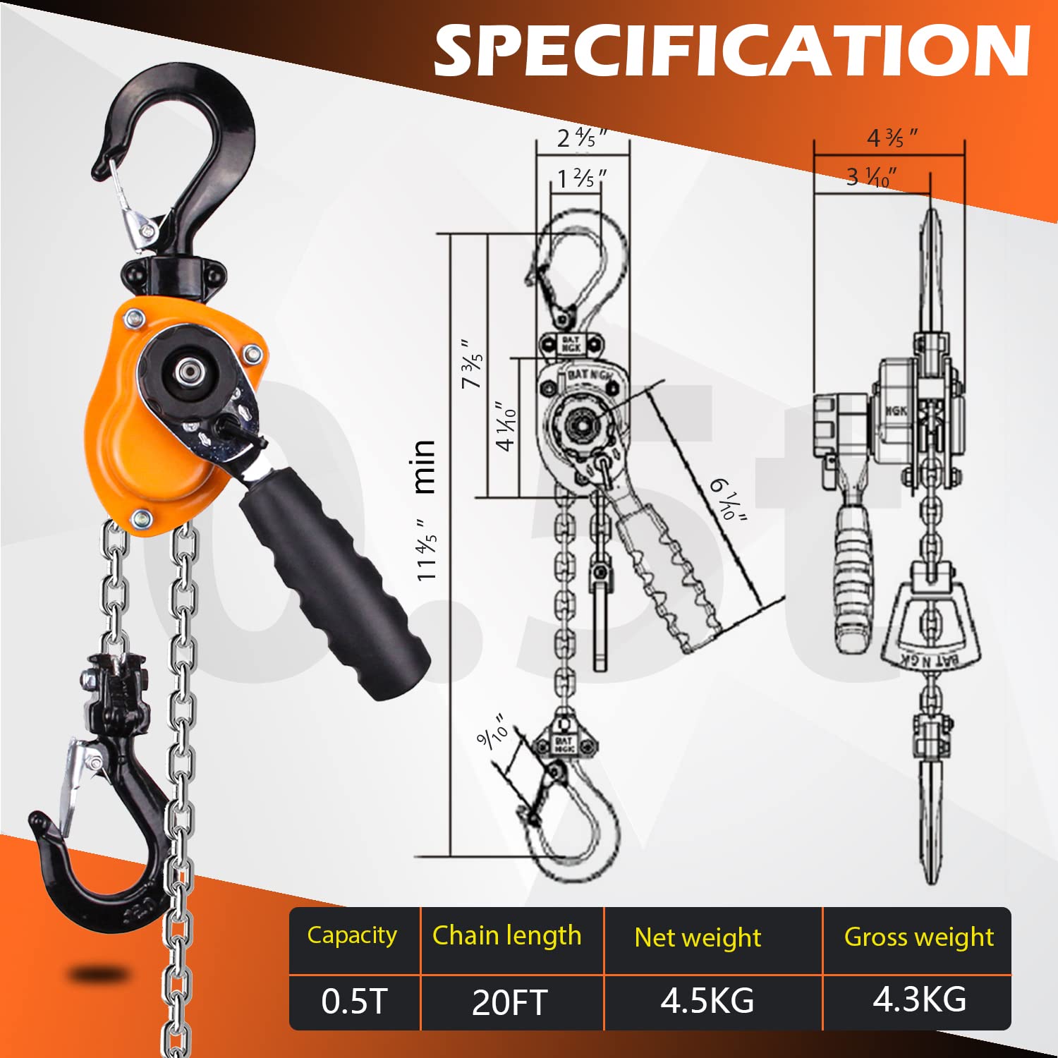 YATOINTO ミニレバーブロックチェーンホイスト 1⁄2トン 1100ポンド 手動チェーンホイスト 6M 20フィート チェーンホイスト 合金鋼  G80 チェーンラチェットレバーホイスト フック付き | チェーンブロック