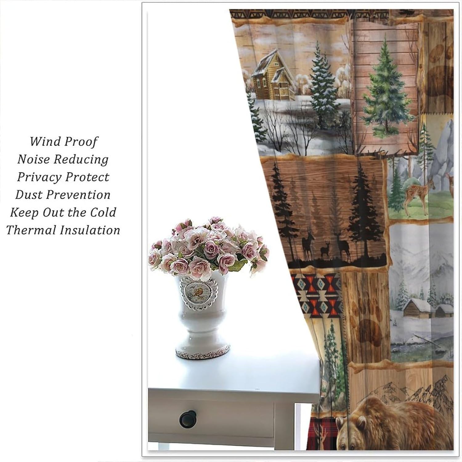 Vintage Rustic Bear Deer Blackout Curtains for Bedroom,Old Country Hunting Lodge Forest Elk Brown Bear Pine Tree Checker Valley Bear Paw Prints Window Drapes Print for Farmhouse Living Room 42x63in