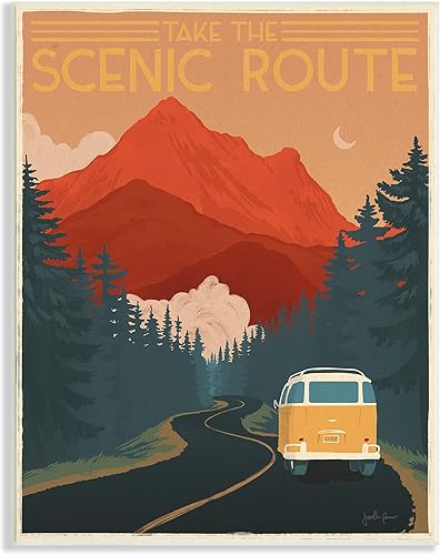 Stupell Industries Take The Scenic Route Phrase Retro Mountain Travel, diseñada por Janelle Penner - Placa de pared, 13 x 19 pulgadas, color naranja