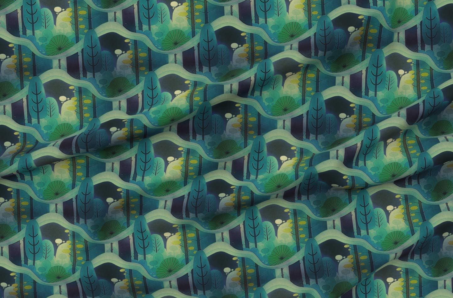 Spoonflower Fabric - Emerald Forest Green Blue Japanese Style Trees Nature Printed on Minky Fabric by The Yard - Sewing Baby Blankets Quilt Backing Plush