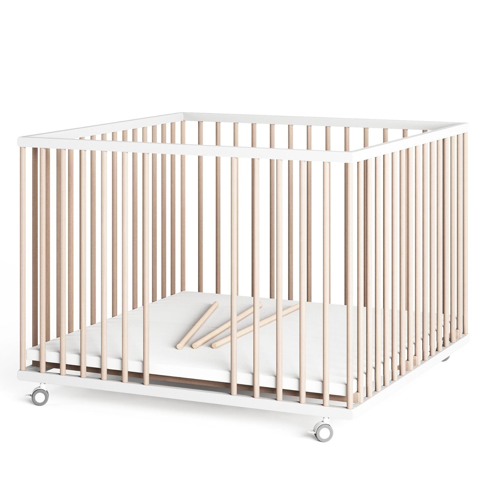 Sämann® Laufgitter 100x100 cm mit Matratze und Schlupfsprossen, stufenlos höhenverstellbar, Baby Laufstall, Buche, gummierte Rollen, Buche weiß/natur lackiert