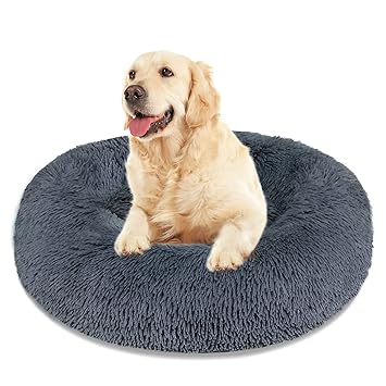 Donut Calming Dog Cat Bed, Soft Plush Round Pet Bed, Faux Fur Pet Bed Self-Warming Donut Cuddler for Medium Small Dogs and Cats (30