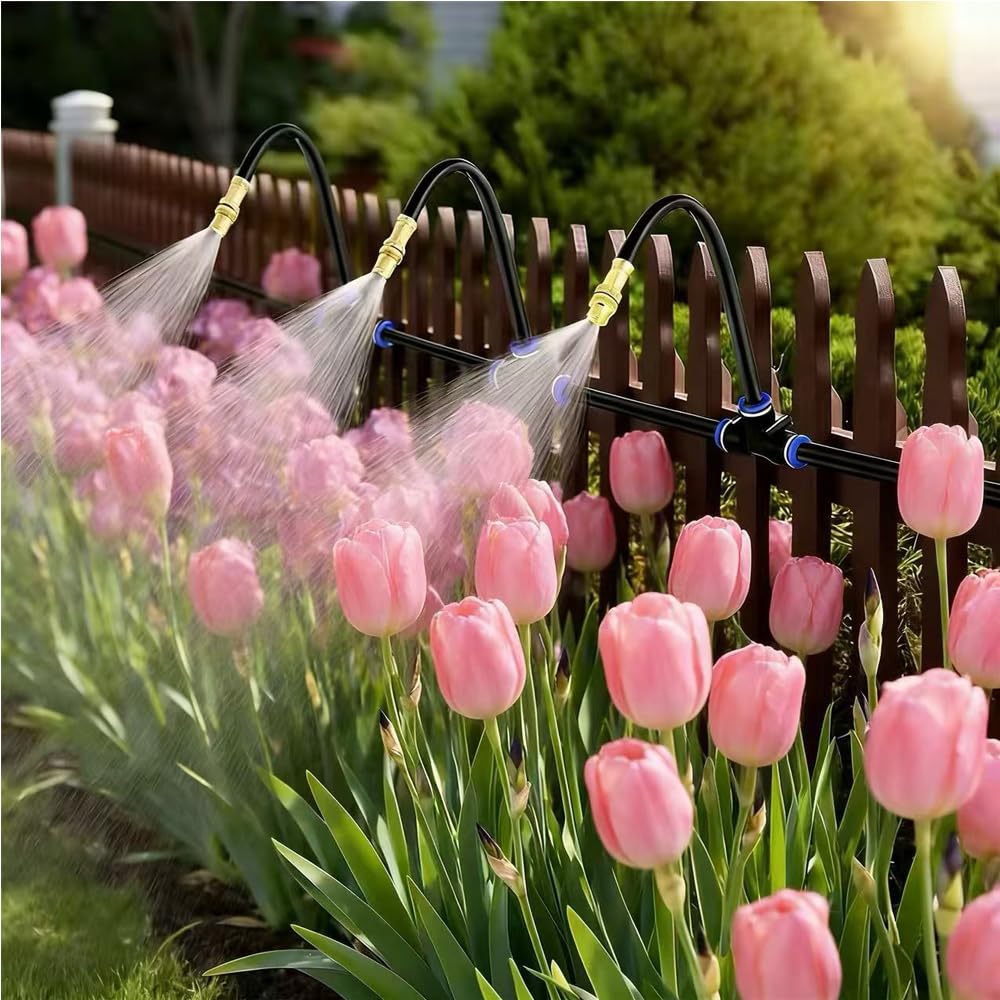 20M Bewässerungssystem Garten, 360 ° Automatische Bewässerung Schlauch mit 15 verstellbaren Sprühdüsen, Für Gartenpflanzen, Blumenbeete, Gärten, Topfpflanzen Und Rasenflächen