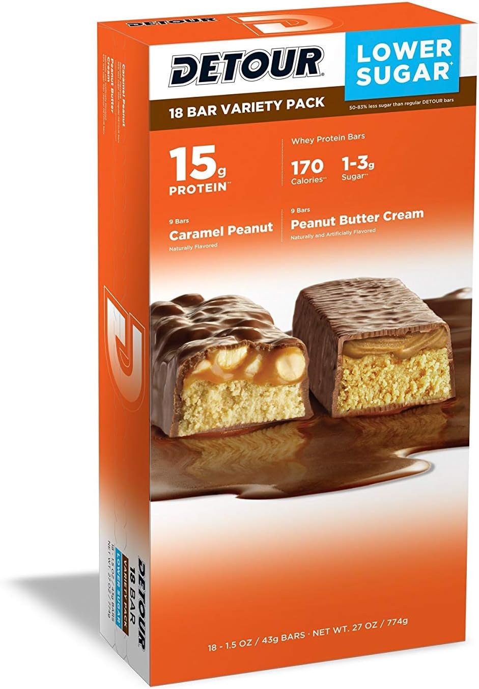 Detour ( 18ct ) Low Sugar Protein Bar 9ct Caramel Peanut & 9ct Peanut Butter Cream 1.5oz Each