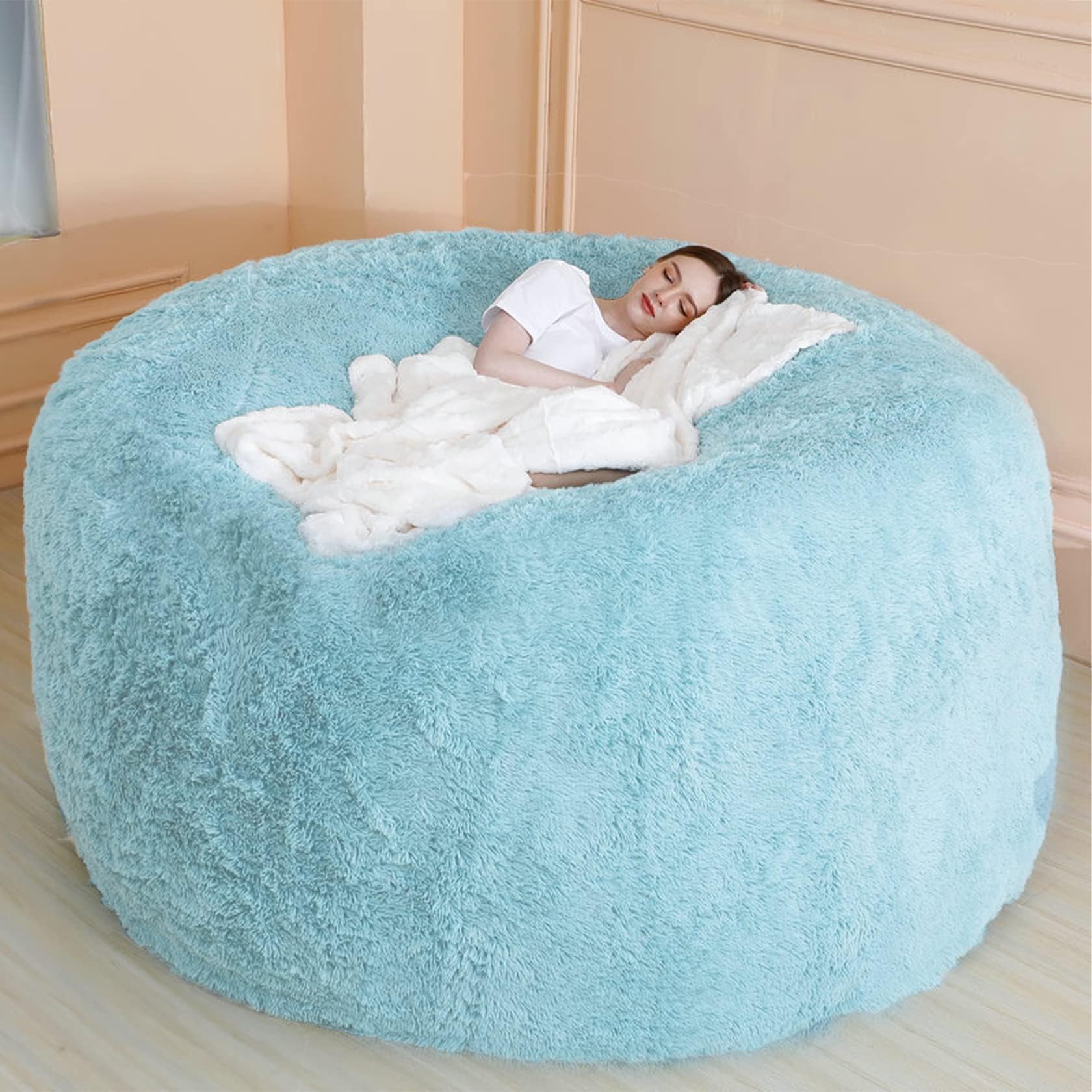 Giant Bean Bag Chair Cover Bean Bag Chairs for Adults Comfy Fluffy Big Bean Bag Sofa (No Filler, Cover Only) Oversized Soft Moon Pods Bean Bag Beds for Living Room Sky Blue 5FT