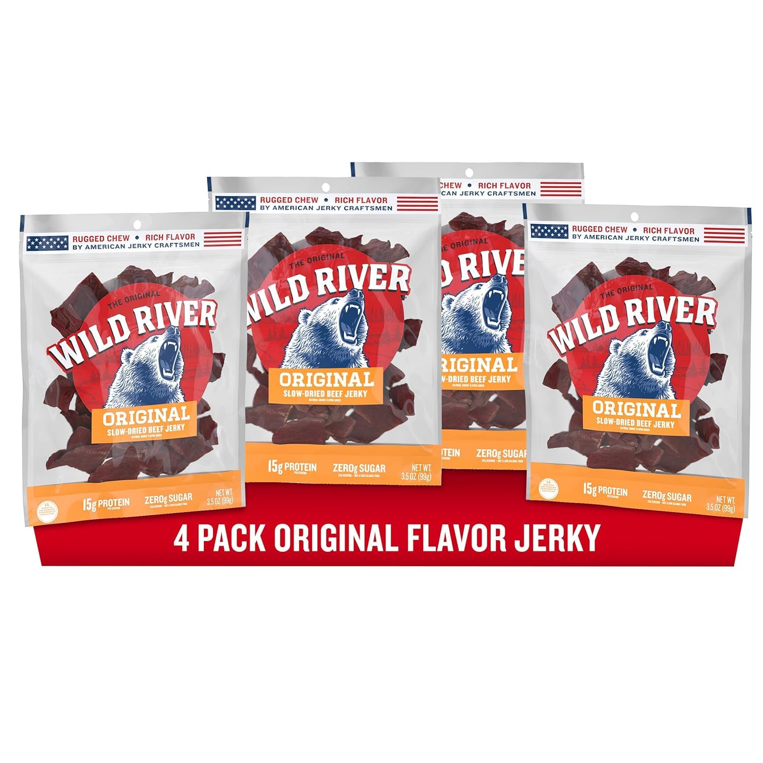Original Beef Jerky, Old Fashioned 100% Beef Jerky, Gluten Free, Deliciously Seasoned Protein Snacks, Savory Meat Snack for Lunches, Ready to Eat, 15g of Protein, 3.5 Ounce (Pack of 4)